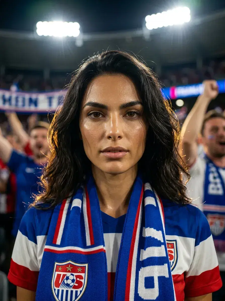 AI AI World Cup Photos — Stadium Glory — Person in national team scarf lit by stadium floodlights at the World Cup