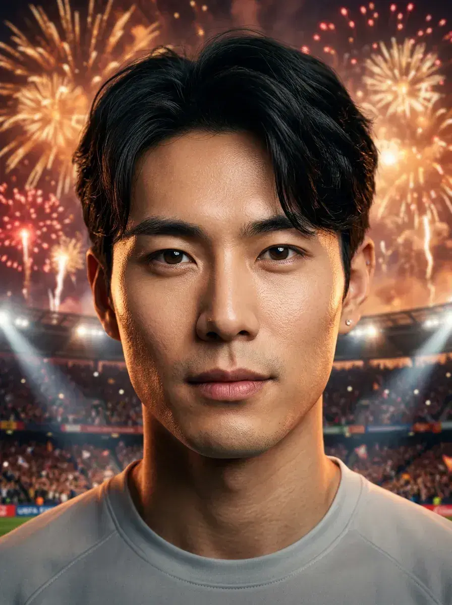 AI AI World Cup Photos — Stadium Glory — Close-up portrait of person in football kit with World Cup fireworks erupting behind