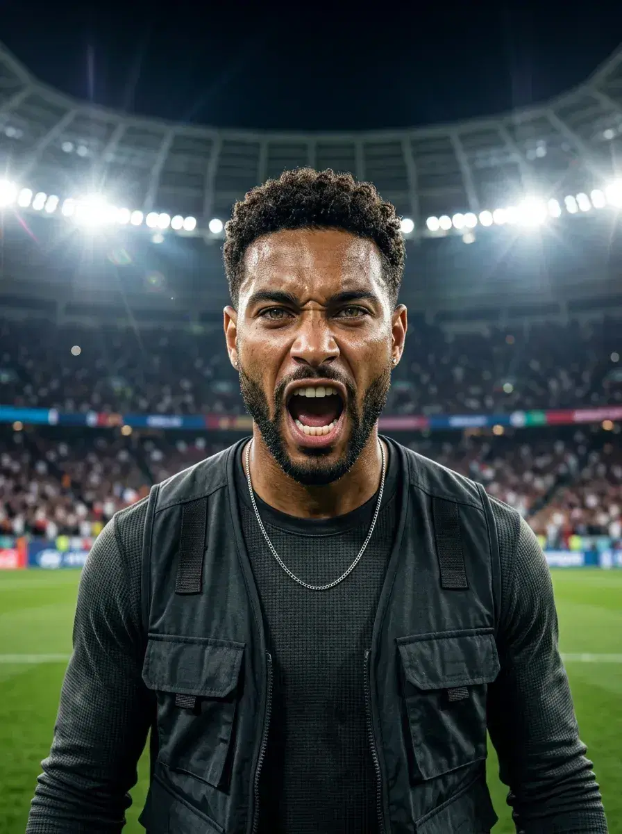 AI AI World Cup Photos — Stadium Glory — Person in football kit on a floodlit World Cup stadium pitch at night