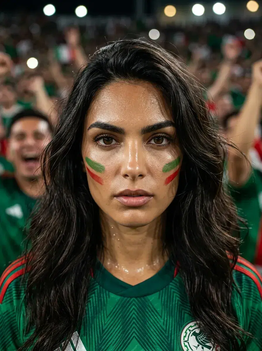 AI AI World Cup Photos — Stadium Glory — Close-up portrait of person in national team kit with face paint at the World Cup
