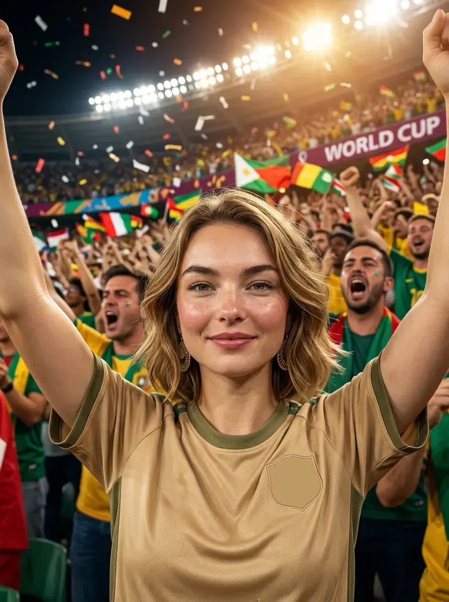 AI AI World Cup Photos — Stadium Glory — Person in fan gear in a packed World Cup stadium with flags and ticker tape
