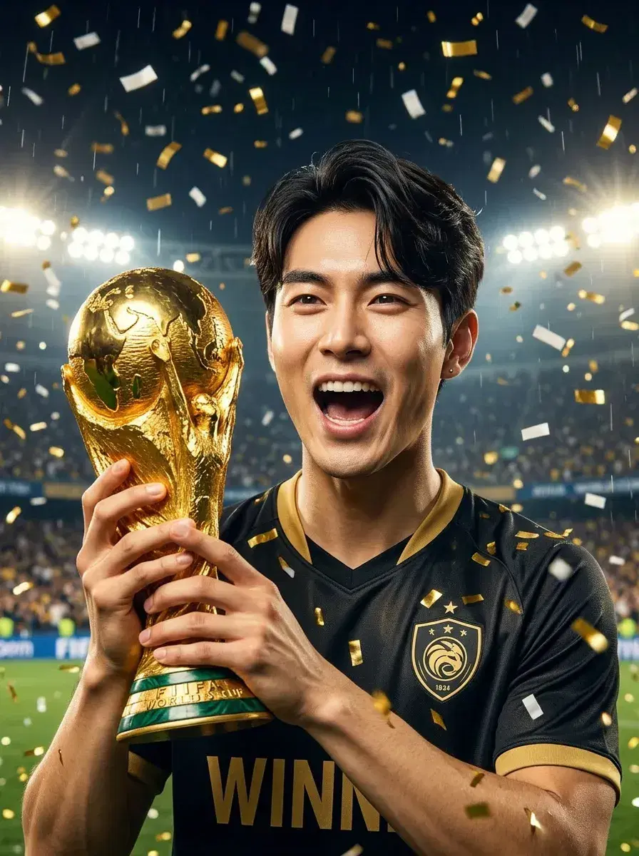 AI AI World Cup Photos — Stadium Glory — Person holding the World Cup trophy aloft with confetti raining down