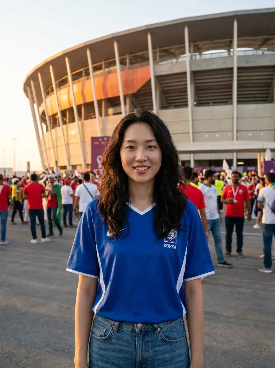AI AI World Cup Photos — Stadium Glory — Person in fan outfit outside a World Cup stadium at golden hour