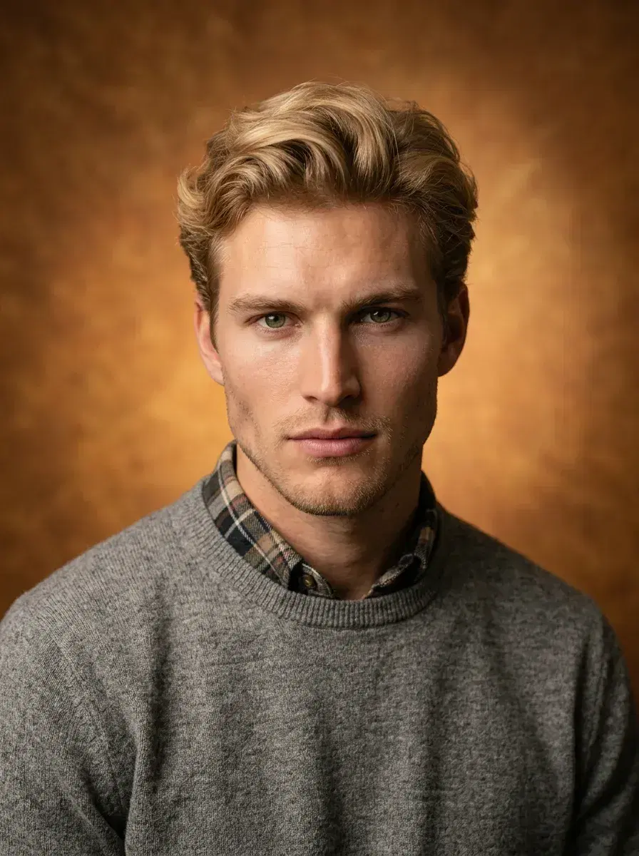 AI AI Yearbook Photos — Instant Classic Portraits — Warm retro AI yearbook photo in grey sweater on amber canvas backdrop