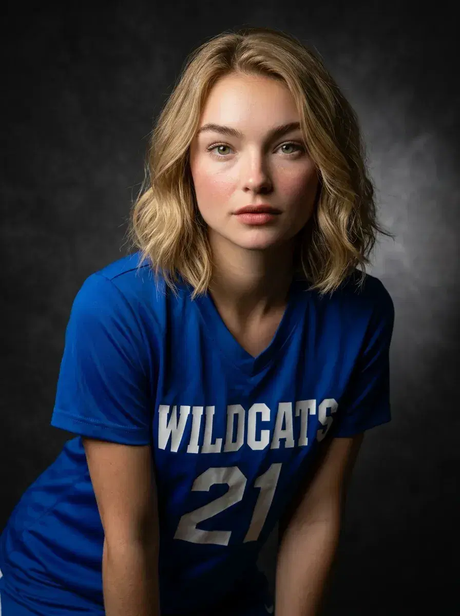 AI AI Yearbook Photos — Instant Classic Portraits — Dramatic AI sports yearbook portrait in blue jersey on dark graphite backdrop