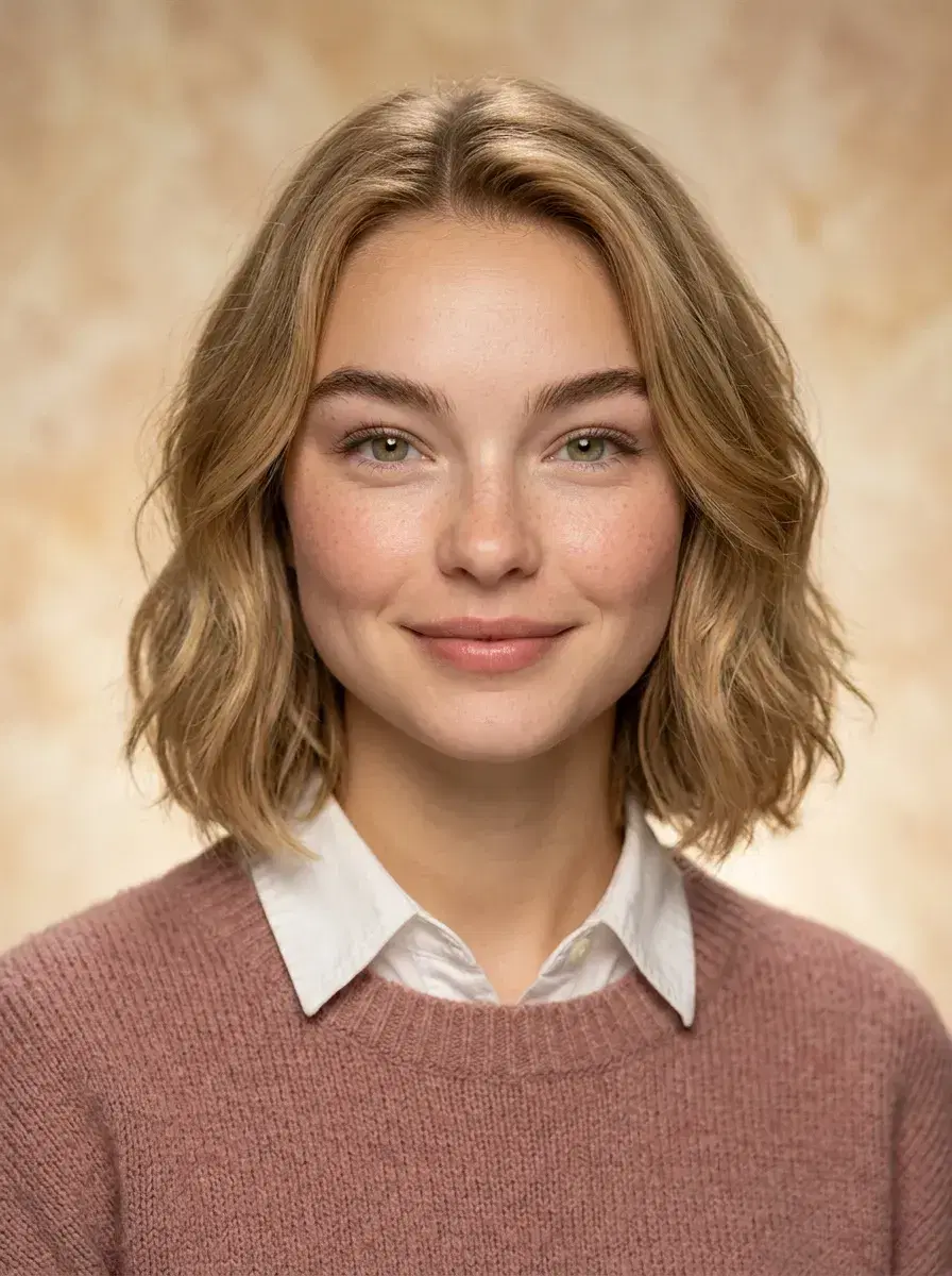 AI AI Yearbook Photos — Instant Classic Portraits — Retro-style AI yearbook portrait with rose sweater and warm gradient backdrop