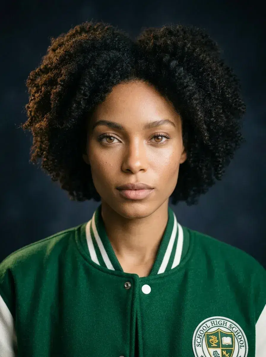 AI AI Yearbook Photos — Instant Classic Portraits — Dramatic AI yearbook photo in varsity letterman jacket on dark studio backdrop