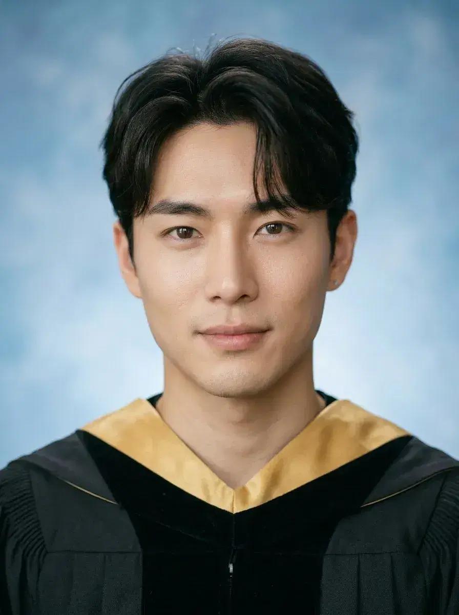 AI AI Yearbook Photos — Instant Classic Portraits — AI graduation yearbook portrait in black cap and gown on sky-blue backdrop