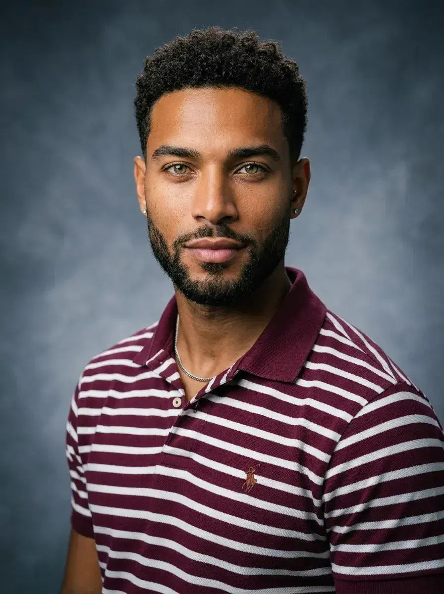 AI AI Yearbook Photos — Instant Classic Portraits — AI yearbook photo in burgundy polo on slate-grey gradient studio backdrop