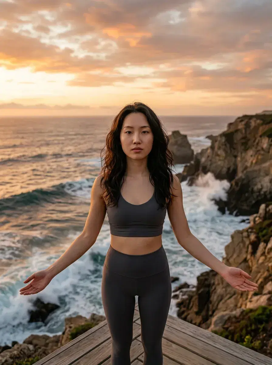 AI AI Yoga Photos — Studio Serenity — Person in open pose on ocean cliffside at sunset, cinematic AI yoga photo