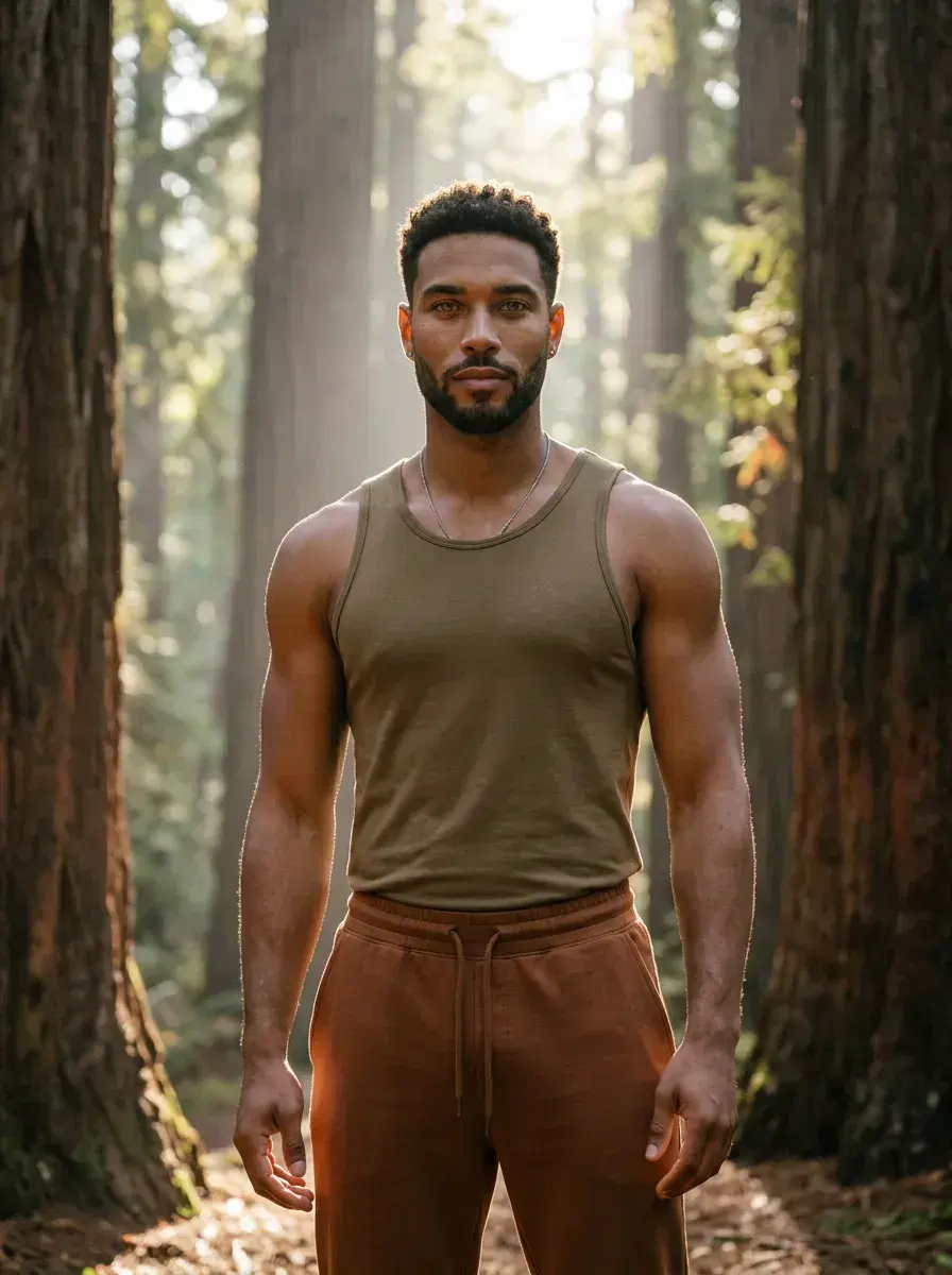 AI AI Yoga Photos — Studio Serenity — Person in misty redwood forest yoga editorial, three-quarter AI yoga photo