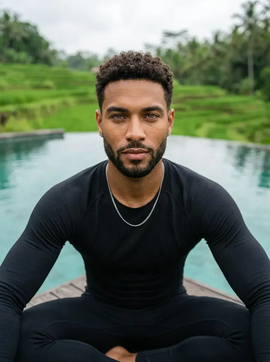 AI AI Yoga Photos — Studio Serenity — Person seated in yoga pose over Bali rice terrace pool, editorial AI yoga photo