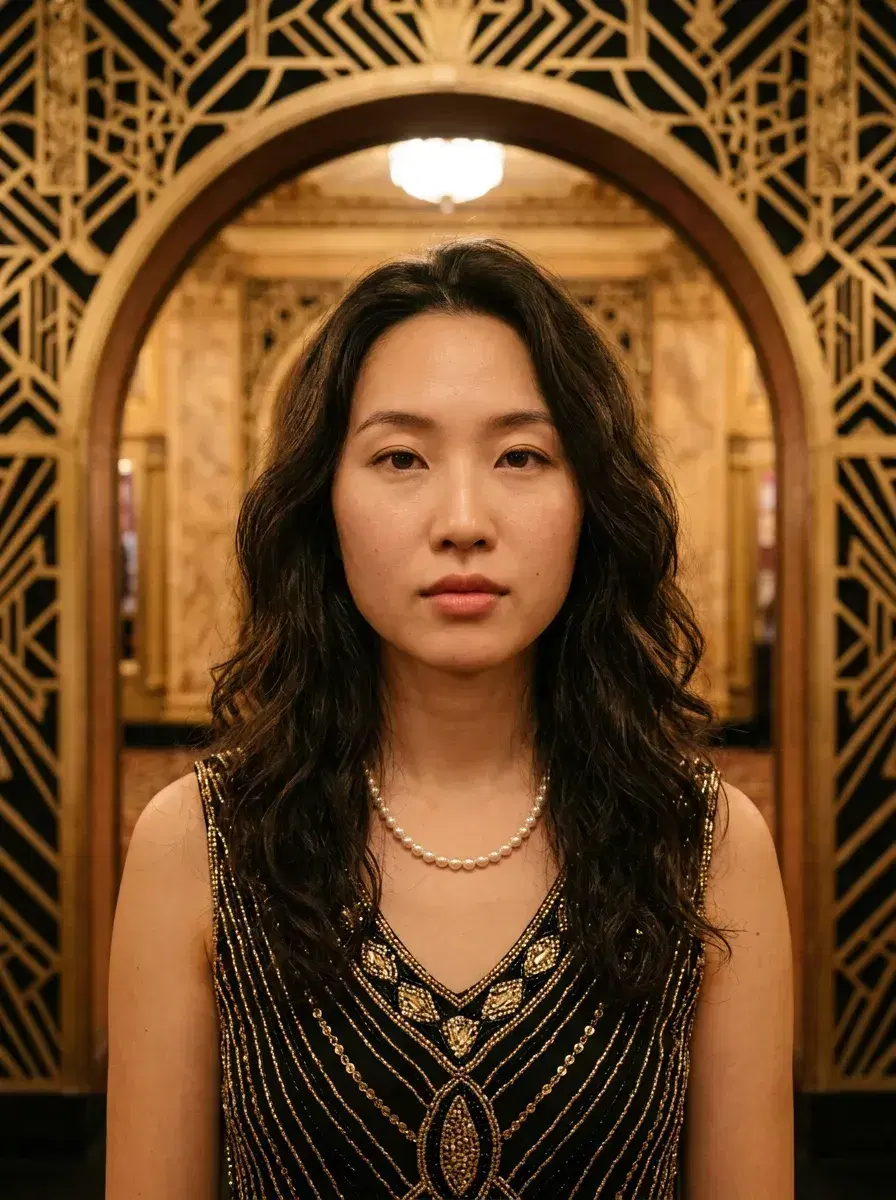 AI AI 1920s Photos — Roaring Twenties Portraits — Person in 1920s formal attire framed by an Art Deco theatre archway