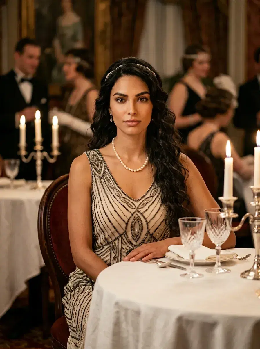 AI AI 1920s Photos — Roaring Twenties Portraits — Person in 1920s costume at an opulent prohibition-era restaurant table