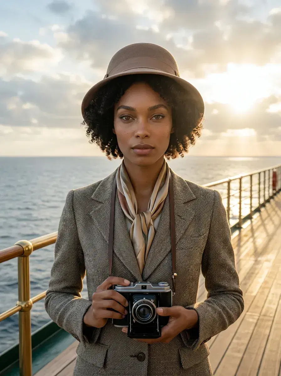 AI AI 1920s Photos — Roaring Twenties Portraits — Person in 1920s travel attire on ocean liner deck with Atlantic horizon behind