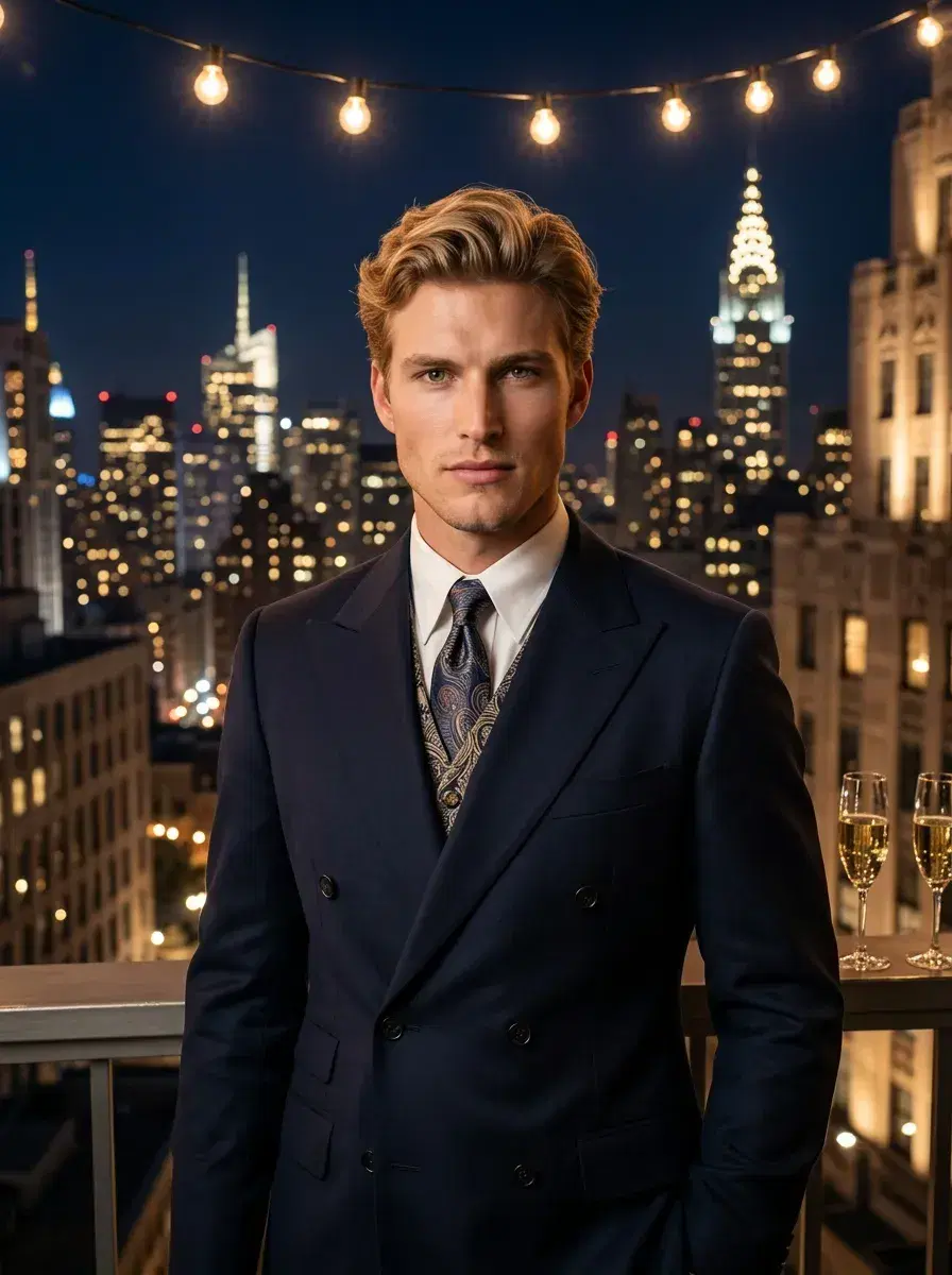 AI AI 1920s Photos — Roaring Twenties Portraits — Person in 1920s costume on a rooftop terrace overlooking a Jazz Age city skyline at night