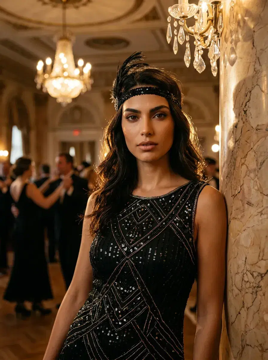 AI AI 1920s Photos — Roaring Twenties Portraits — Person in 1920s Art Deco attire inside a grand ballroom with chandelier lighting