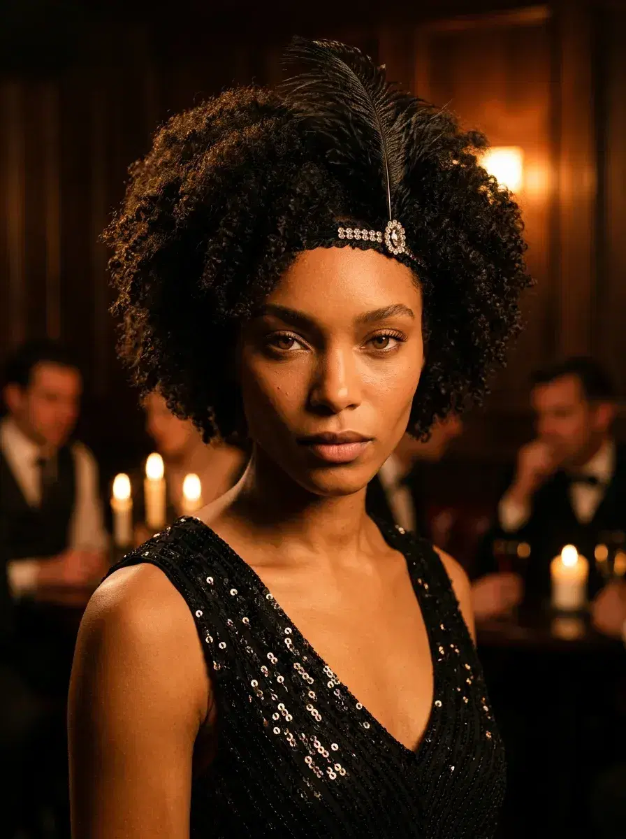 AI AI 1920s Photos — Roaring Twenties Portraits — Close-up 1920s speakeasy portrait with warm amber lighting and jazz club bokeh