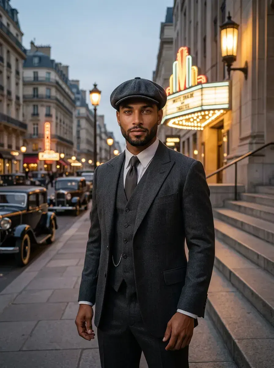 AI AI 1920s Photos — Roaring Twenties Portraits — Person in 1920s costume on Art Deco building steps with vintage cars at dusk