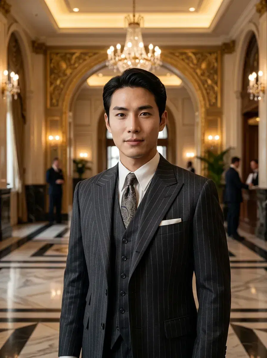 AI AI 1920s Photos — Roaring Twenties Portraits — Person in 1920s attire in an opulent Art Deco hotel lobby