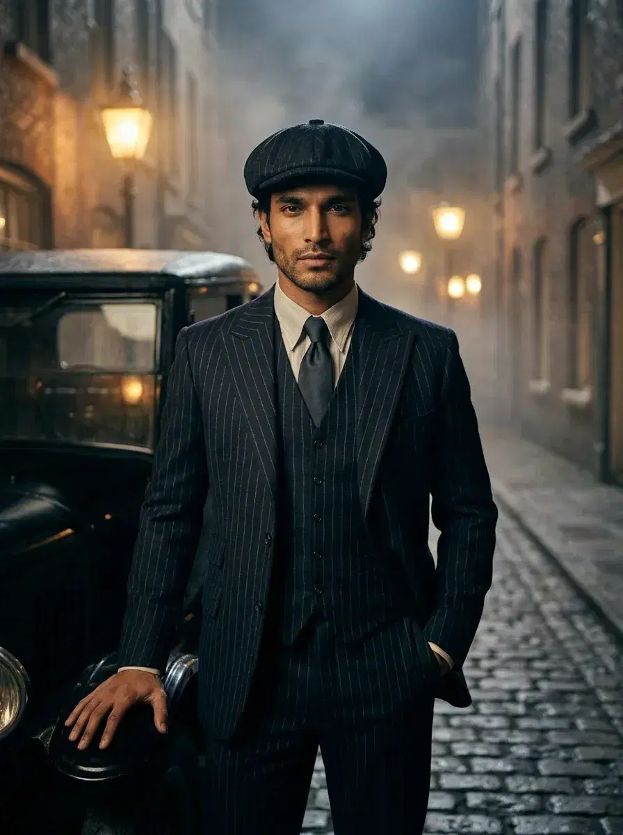 AI AI 1920s Photos — Roaring Twenties Portraits — Person in Roaring Twenties costume beside a classic 1920s automobile at night
