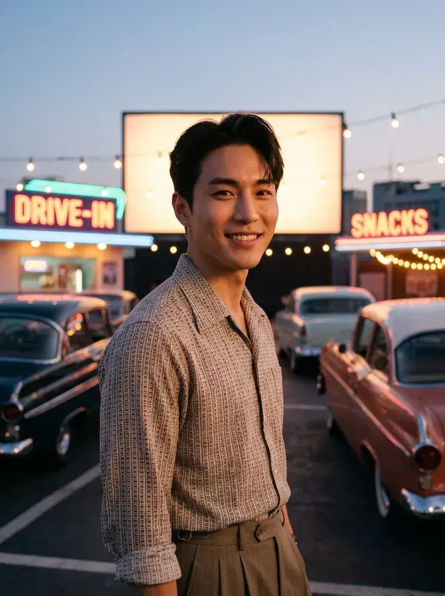 AI AI 1950s Retro Photos — Vintage Glamour — 1950s retro portrait at a rooftop drive-in movie theater at dusk