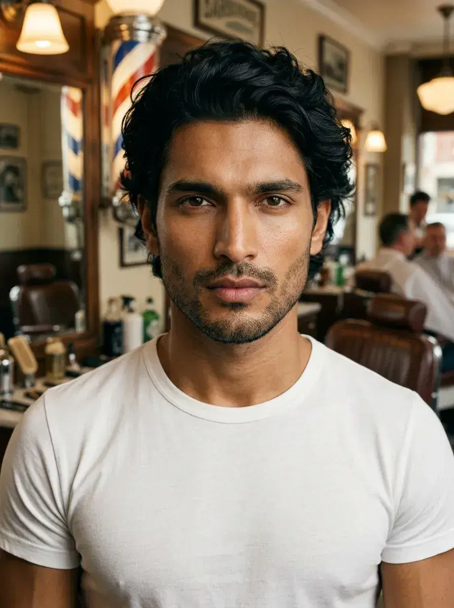 AI AI 1950s Retro Photos — Vintage Glamour — Vintage 1950s style portrait inside a classic American barbershop