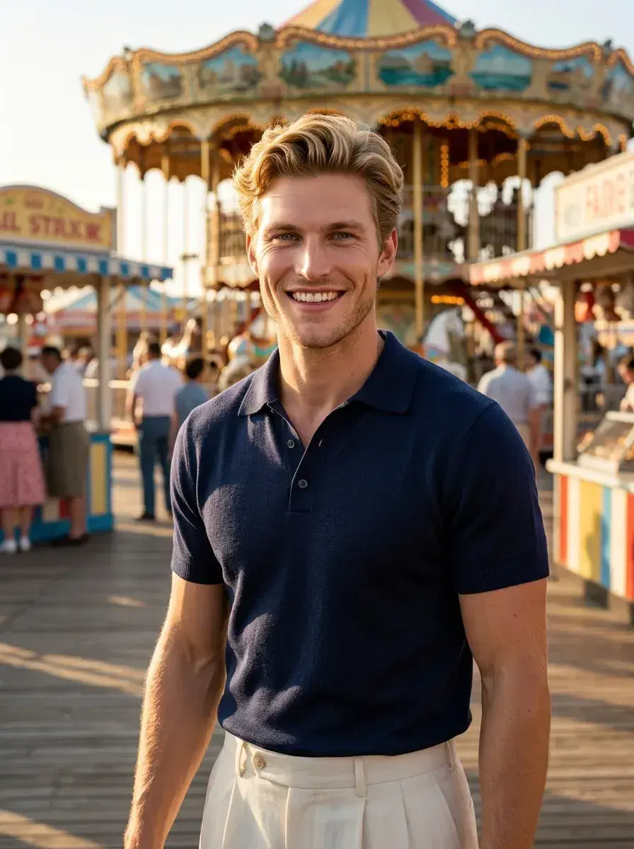AI AI 1950s Retro Photos — Vintage Glamour — Person in 1950s attire at a sunny retro beachside boardwalk
