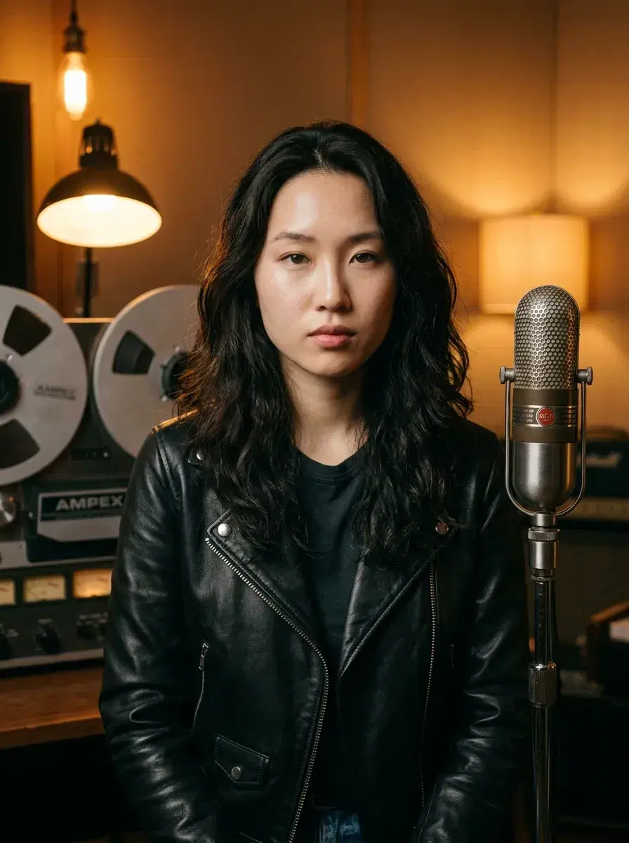 AI AI 1950s Retro Photos — Vintage Glamour — 1950s rock and roll portrait inside a vintage recording studio