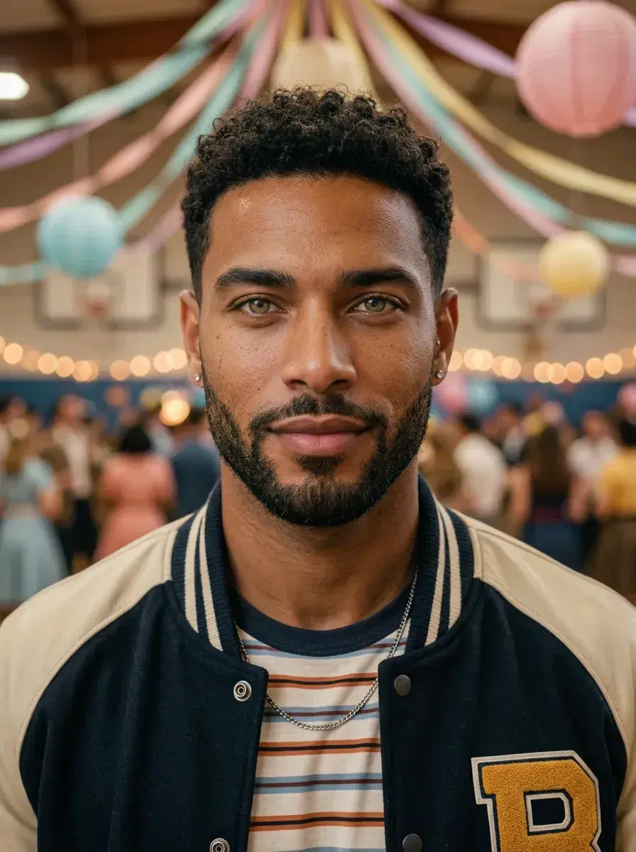 AI AI 1950s Retro Photos — Vintage Glamour — Close-up 1950s retro portrait with a sock hop dance background