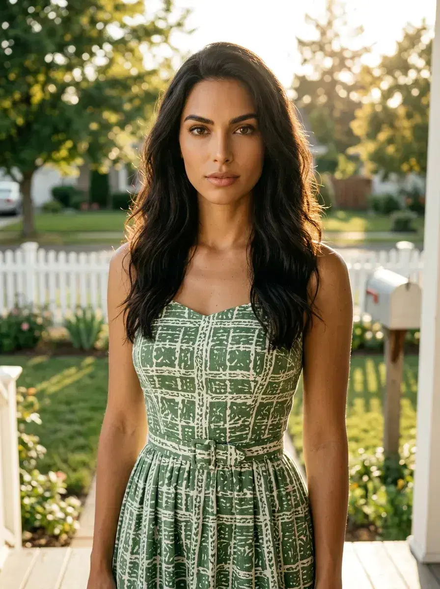 AI AI 1950s Retro Photos — Vintage Glamour — Mid-century suburban porch portrait with classic 1950s American home
