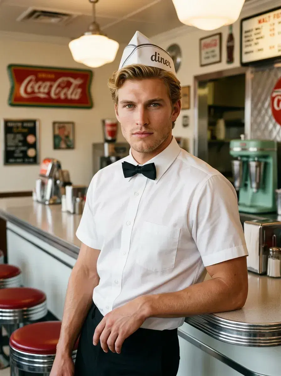 AI AI 1950s Retro Photos — Vintage Glamour — Person in 1950s style at a classic American soda fountain diner