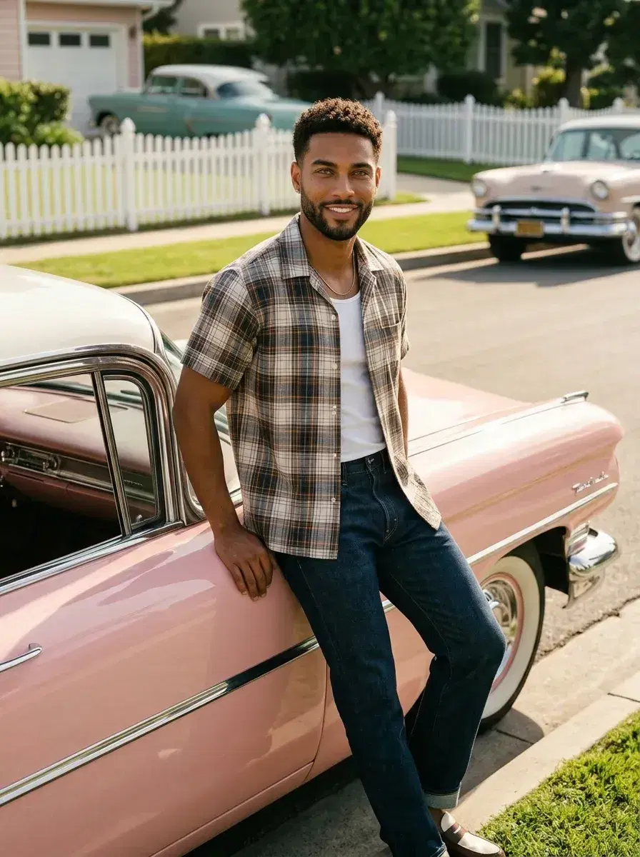 AI AI 1950s Retro Photos — Vintage Glamour — Person posing beside a vintage 1950s pastel pink classic car