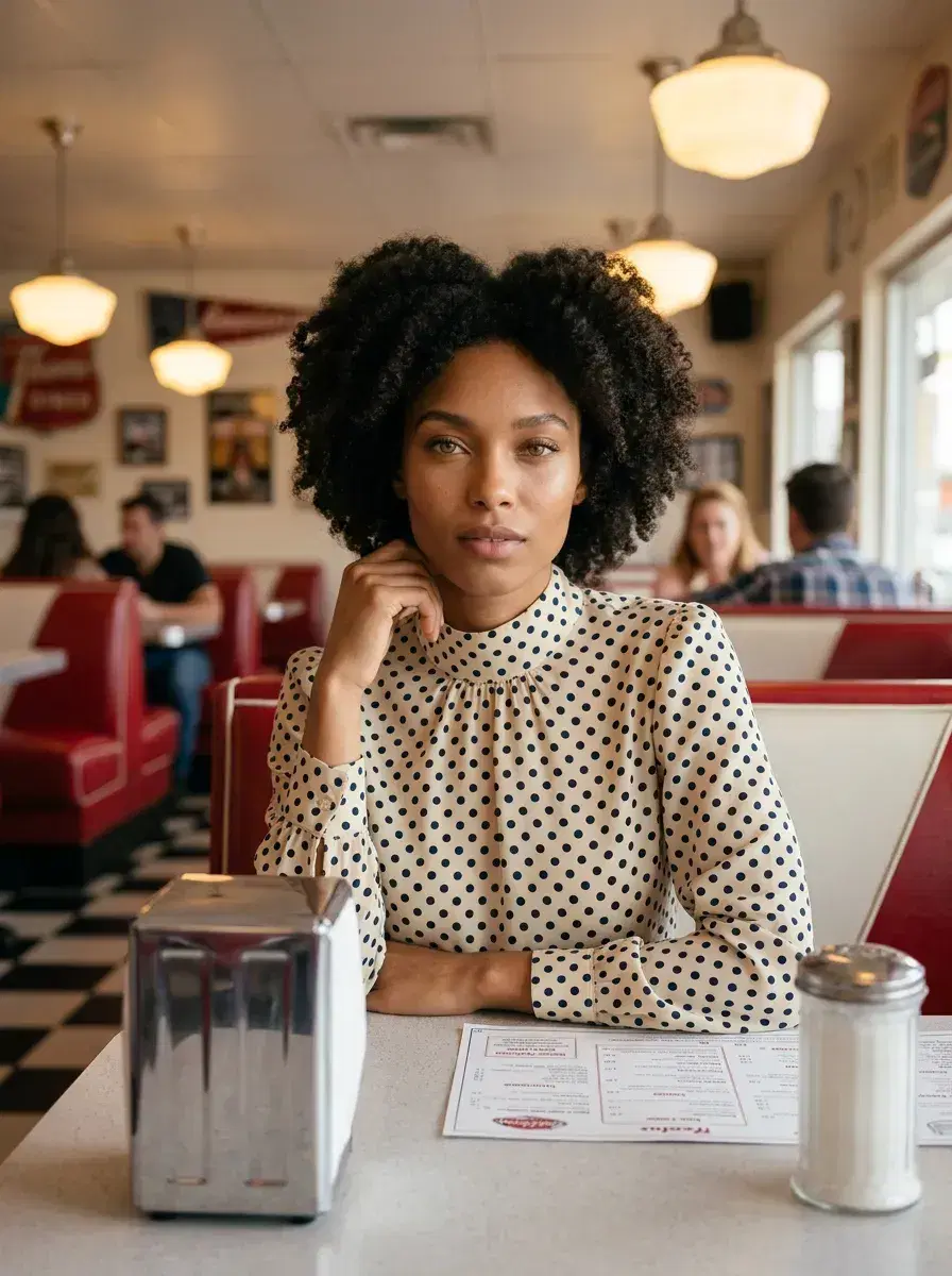AI AI 1950s Retro Photos — Vintage Glamour — Person seated in a classic 1950s American diner booth