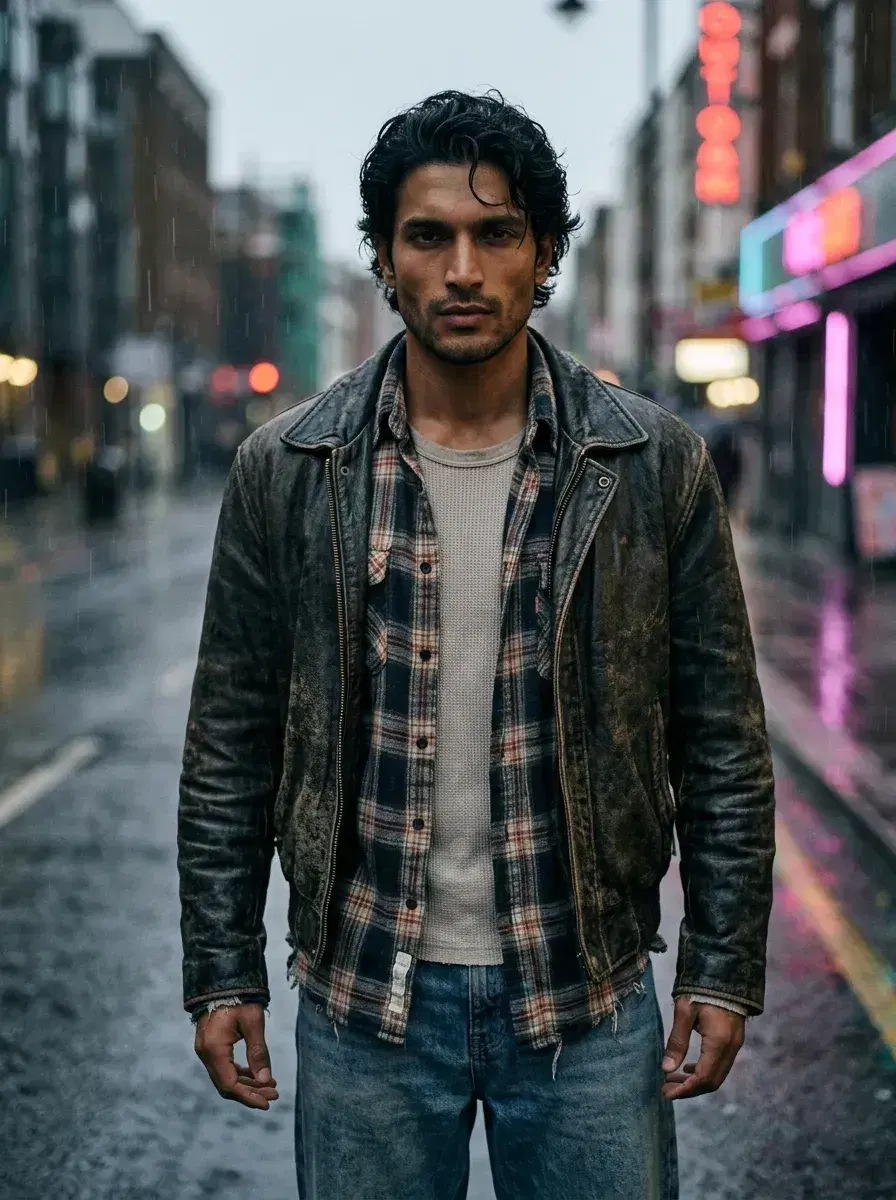 AI AI 1990s Photos — Film Grain & Grunge — 90s grunge street portrait in the rain with film grain