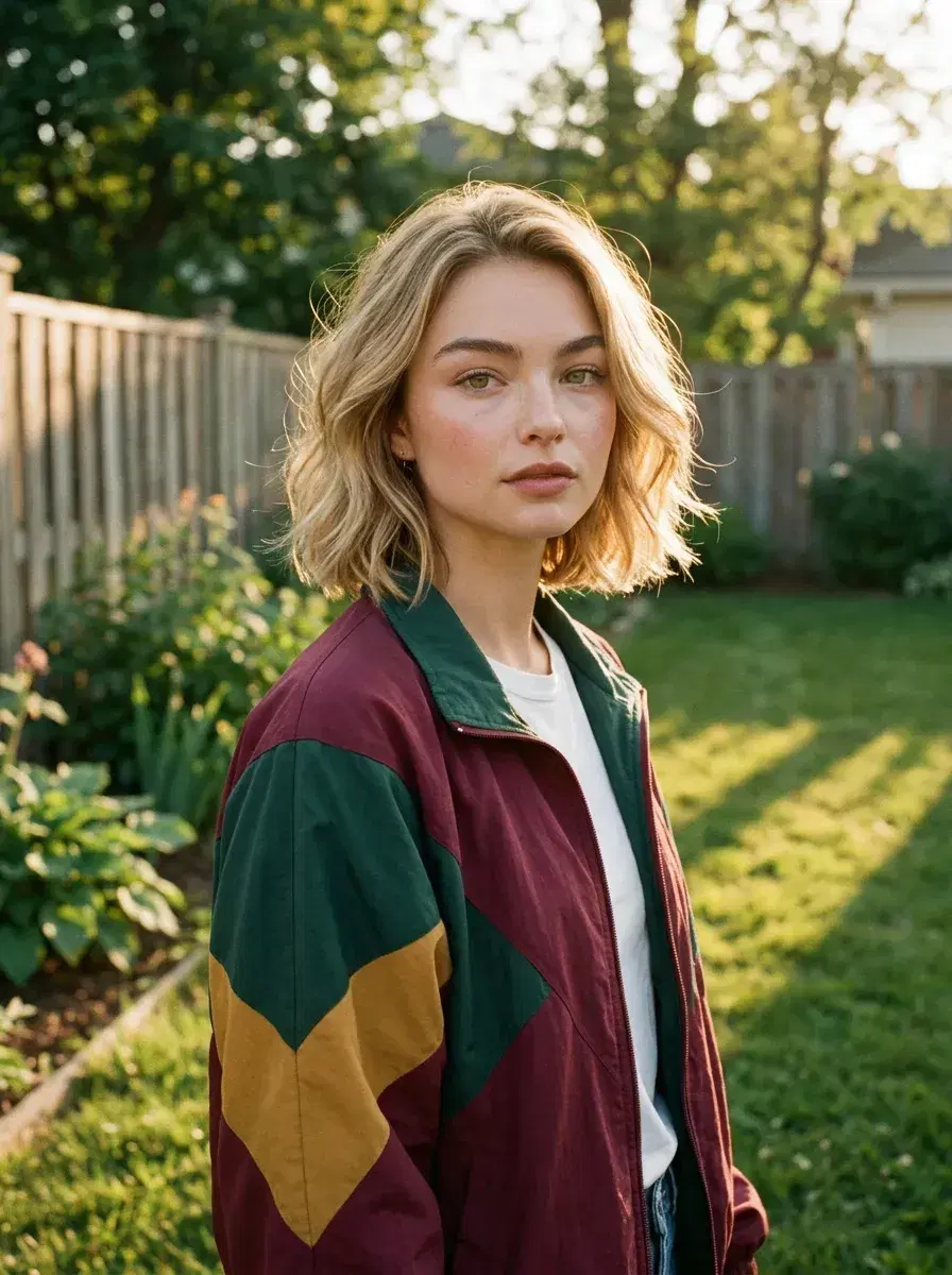 AI AI 1990s Photos — Film Grain & Grunge — 90s sportswear portrait in a backyard at golden hour