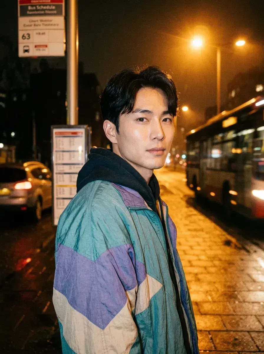 AI AI 1990s Photos — Film Grain & Grunge — 90s night portrait at a bus stop under streetlight