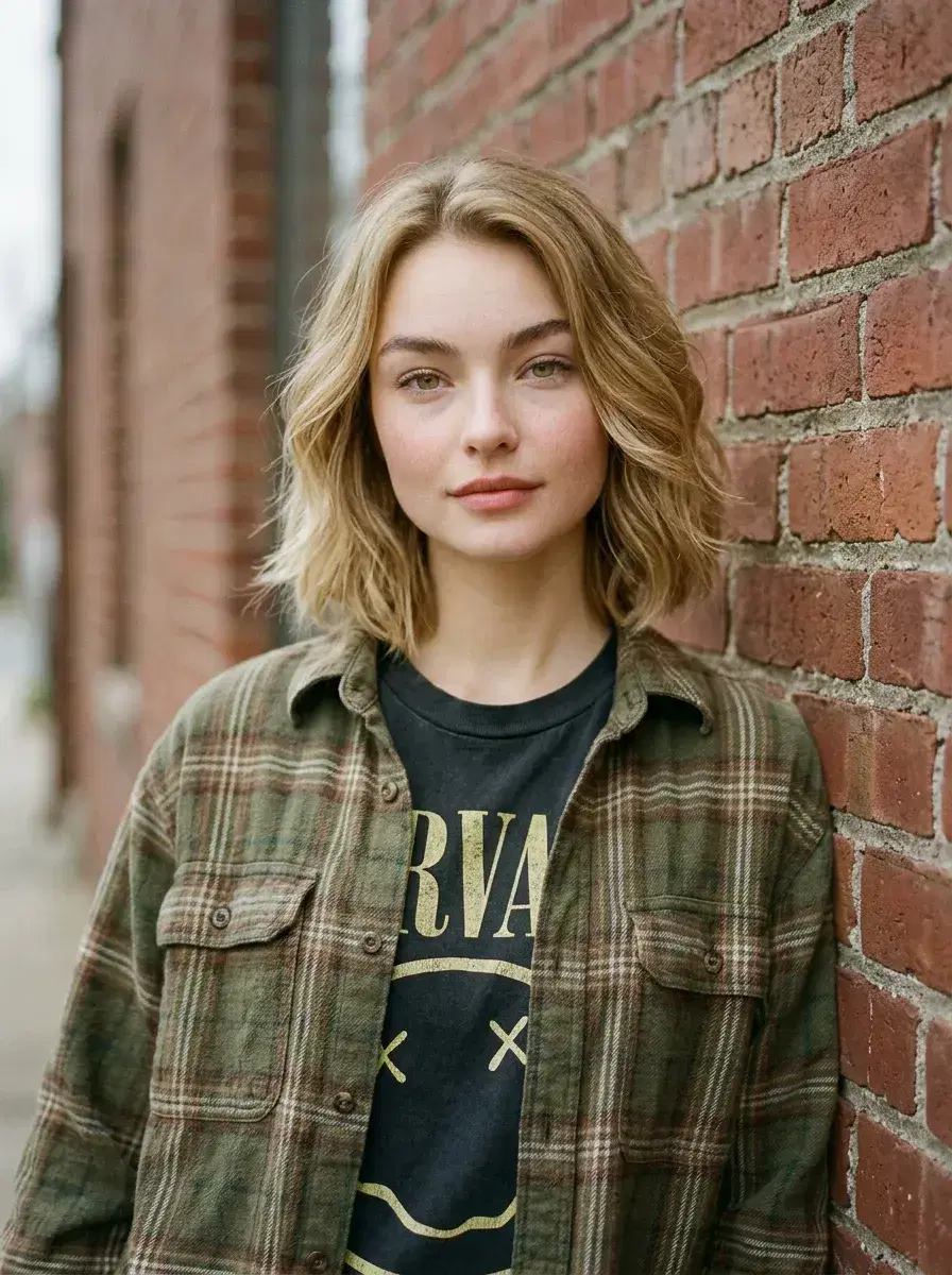 AI AI 1990s Photos — Film Grain & Grunge — Person in 90s flannel against a brick wall with film grain