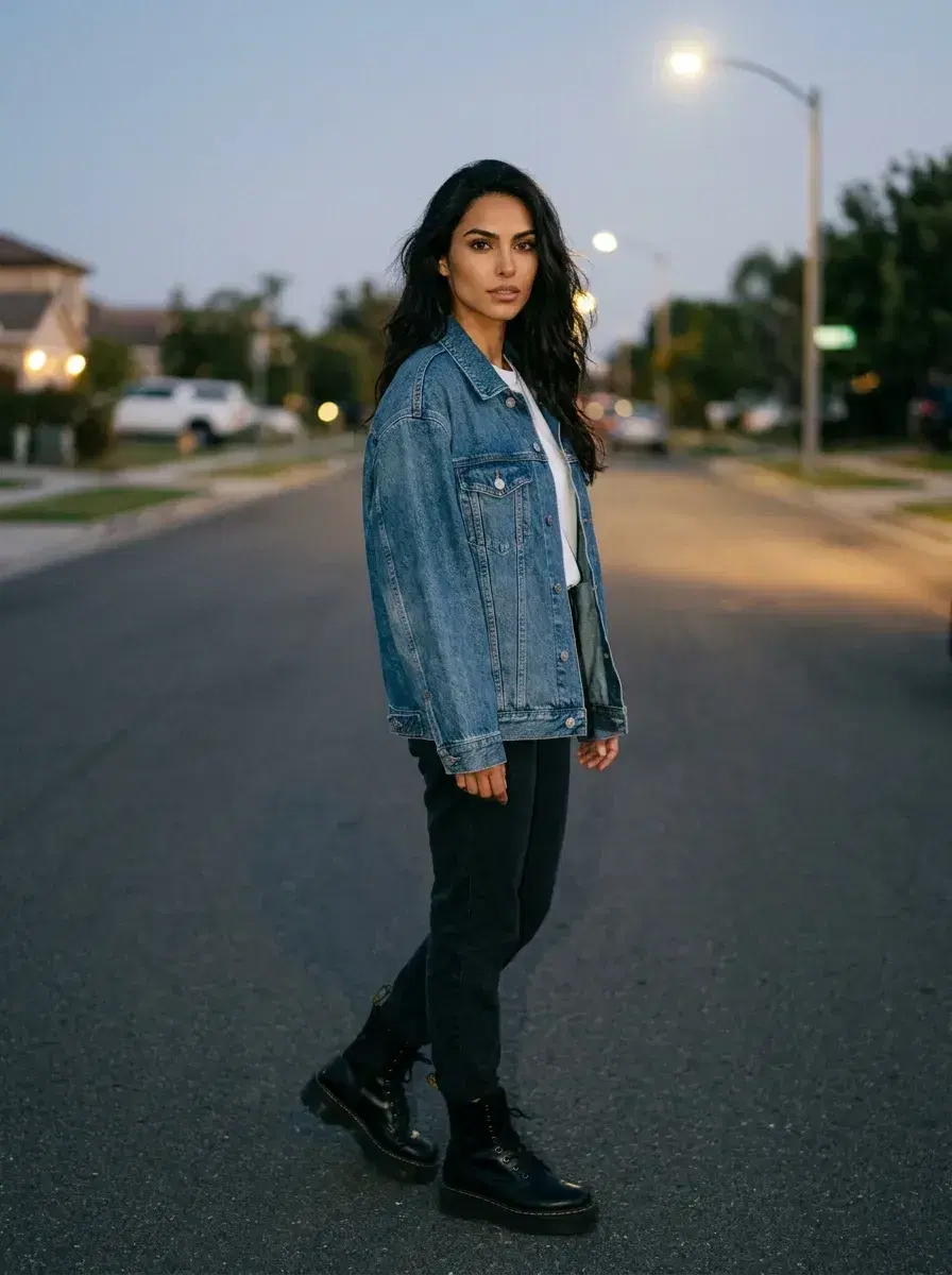 AI AI 1990s Photos — Film Grain & Grunge — 90s street portrait in denim at dusk with film grain