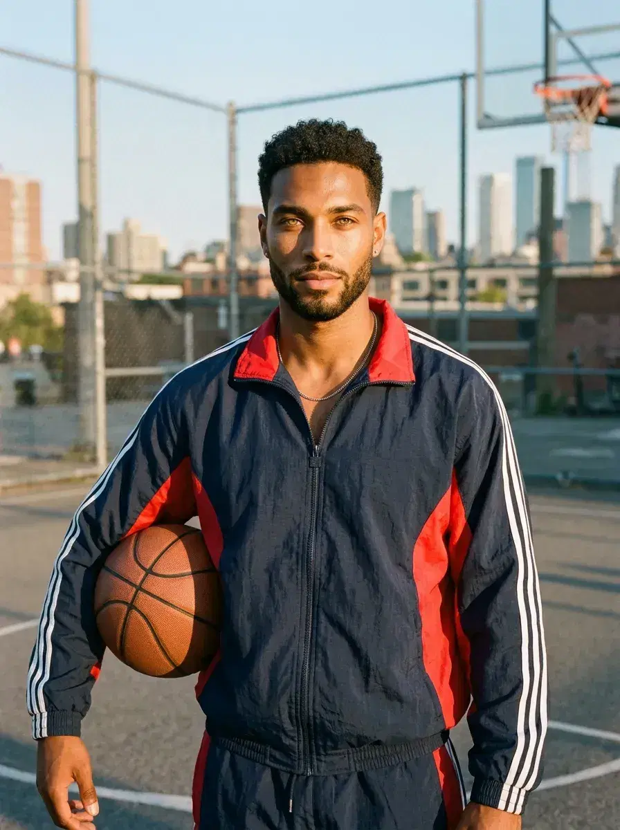 AI AI 1990s Photos — Film Grain & Grunge — Person in a 90s tracksuit on a basketball court