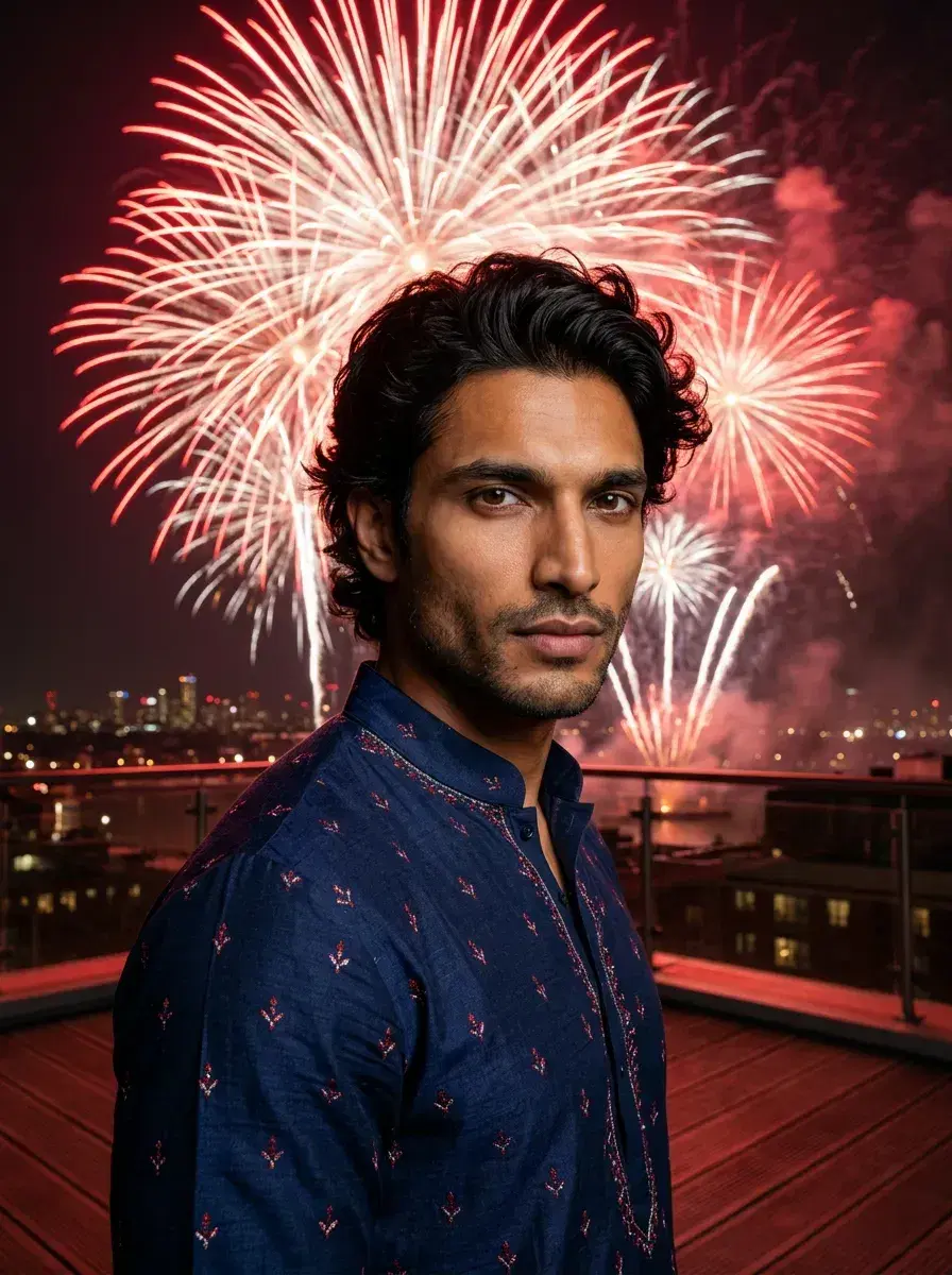 AI AI 4th of July Photos — Instant Patriotic Looks — Person on rooftop with city skyline and 4th of July fireworks overhead