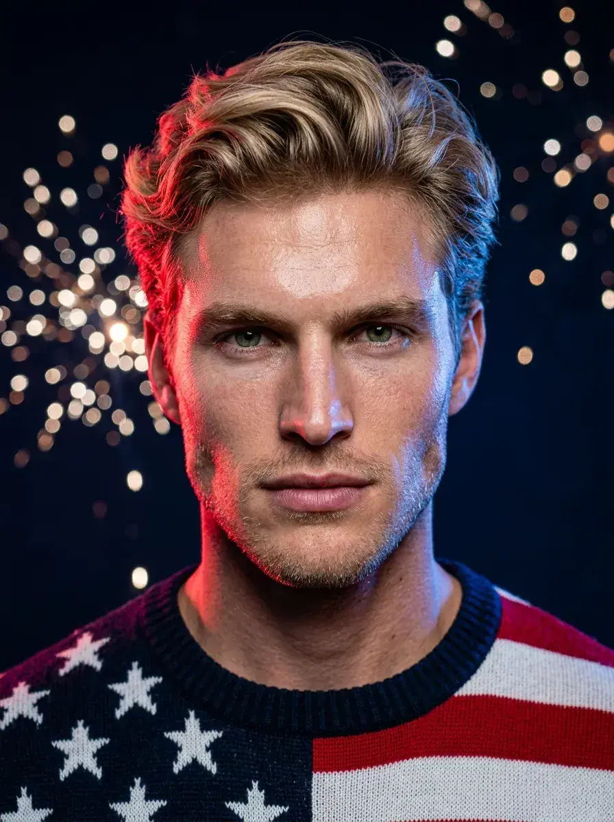 AI AI 4th of July Photos — Instant Patriotic Looks — Close-up 4th of July portrait with patriotic fireworks bokeh