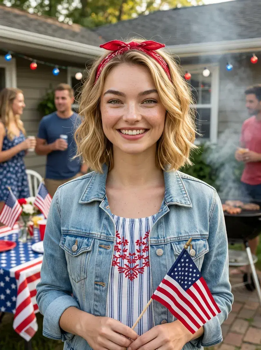 AI AI 4th of July Photos — Instant Patriotic Looks — Person at 4th of July backyard party with patriotic decorations