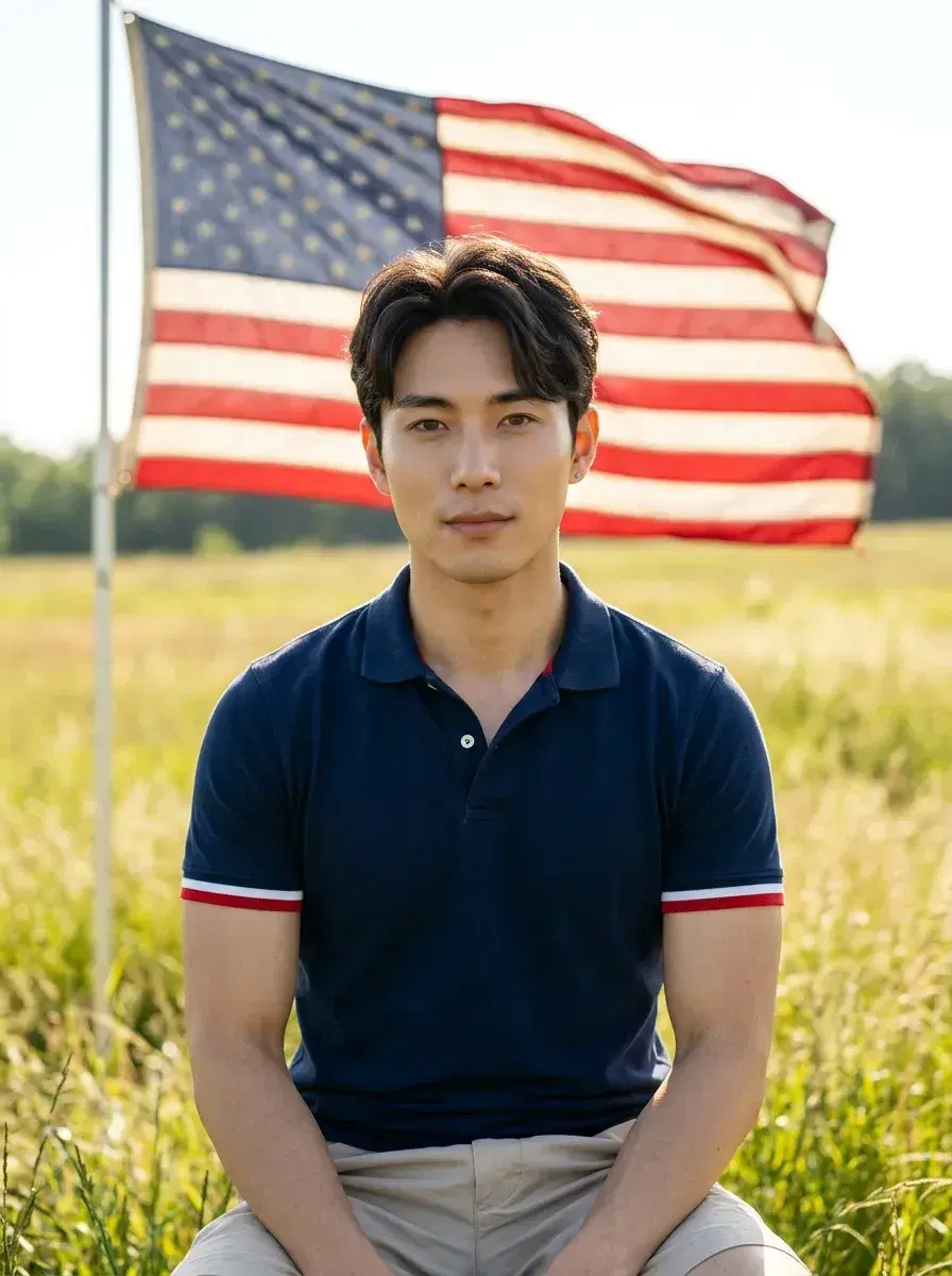 AI AI 4th of July Photos — Instant Patriotic Looks — Person in sunlit field with large American flag on Independence Day