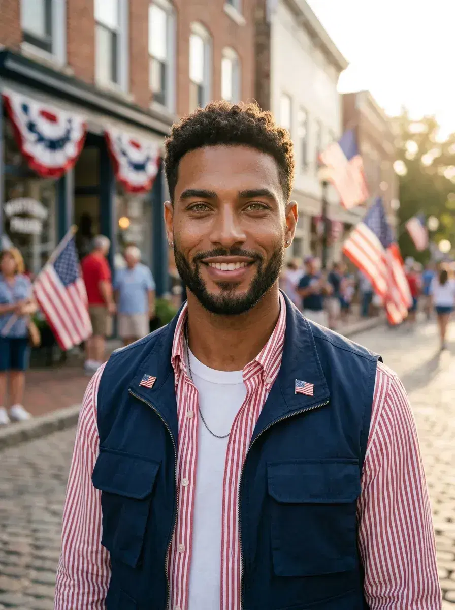 AI AI 4th of July Photos — Instant Patriotic Looks — Person on small-town Main Street during Independence Day parade