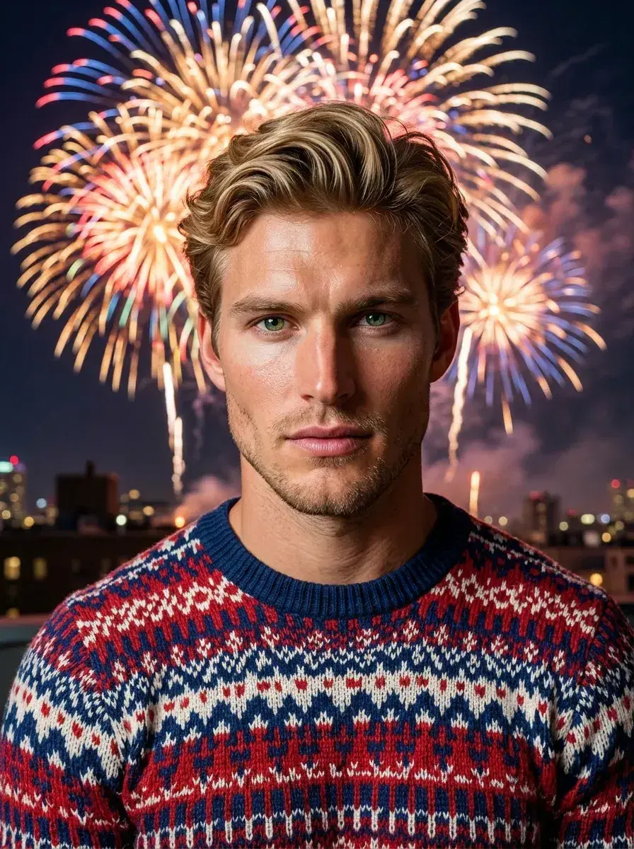 AI AI 4th of July Photos — Instant Patriotic Looks — Person in patriotic outfit on rooftop with fireworks bursting in background