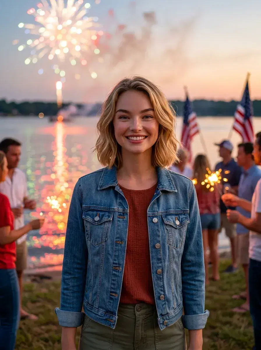 AI AI 4th of July Photos — Instant Patriotic Looks — Person at lakeside 4th of July celebration with firework reflections on water