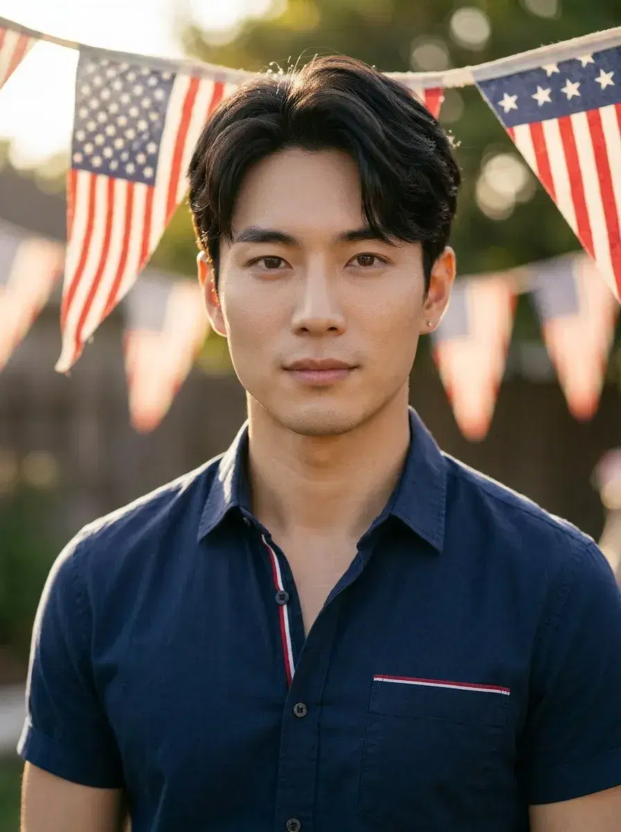 AI AI 4th of July Photos — Instant Patriotic Looks — Person in front of American flag bunting on Independence Day