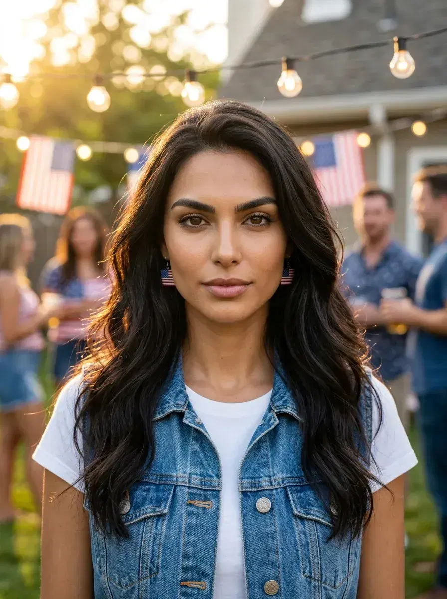 AI AI 4th of July Photos — Instant Patriotic Looks — Person at patriotic 4th of July backyard barbecue with American flags