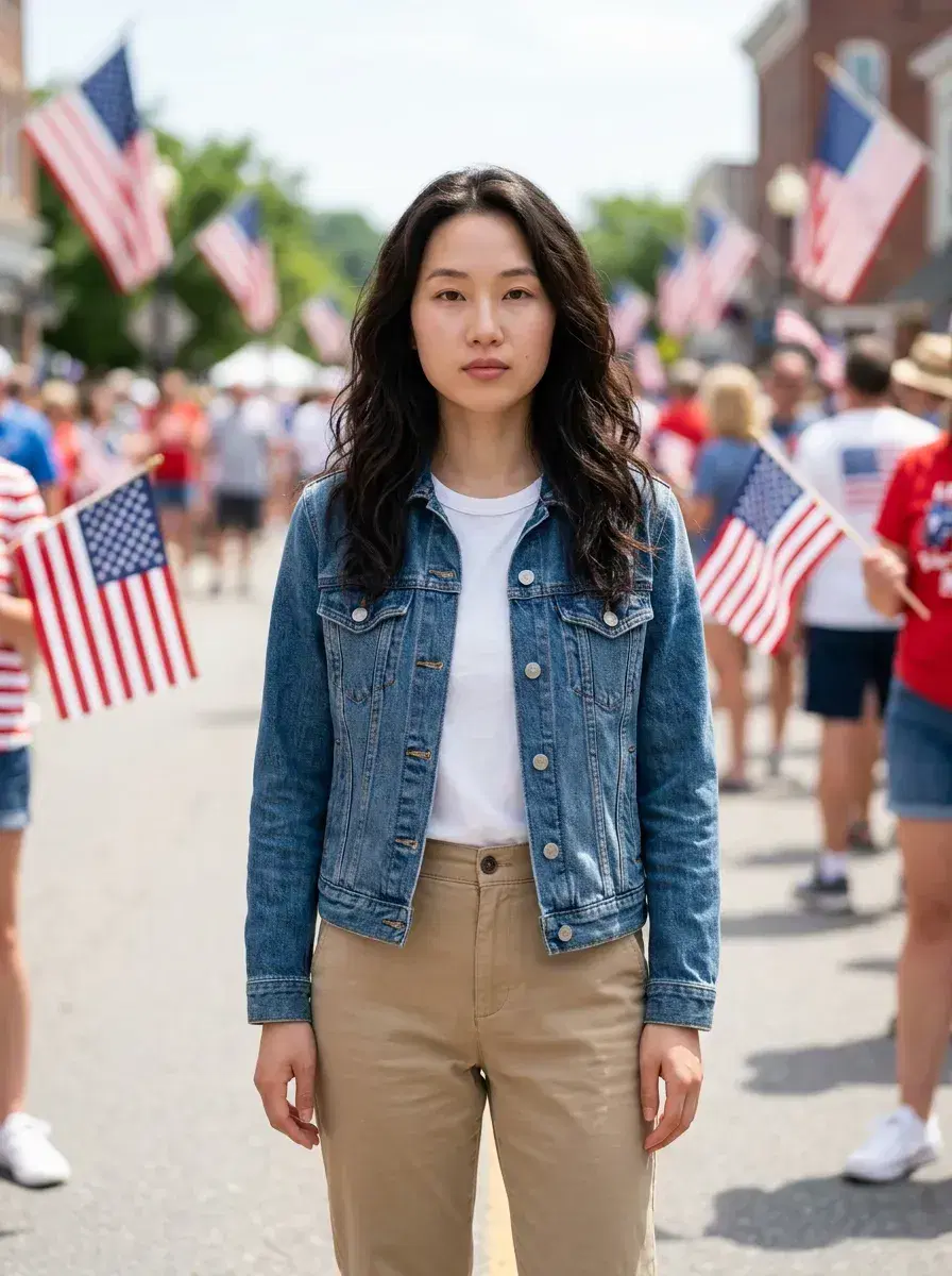 AI AI 4th of July Photos — Instant Patriotic Looks — Person on 4th of July parade street lined with American flags